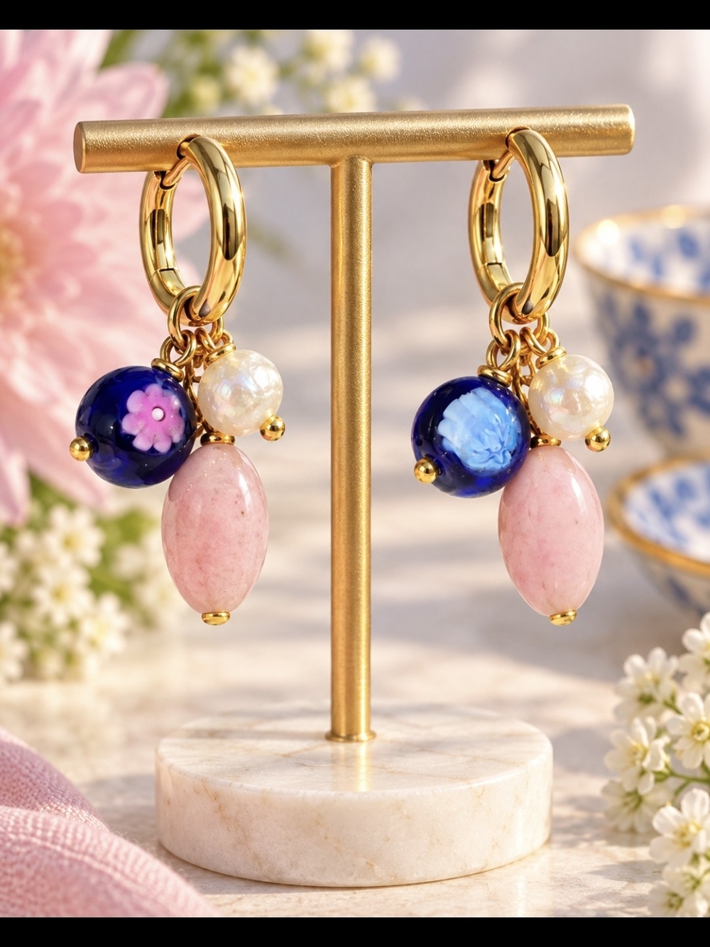 18k Gold Plated Hoop Millifiori Mutano Beads Pink Palelite and Pearl Charms